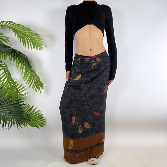 Vintage 90s Gray Earthy Floral Cottagecore Fairy Grunge Bohemian Maxi Skirt / 8 - Picture 1 of 6